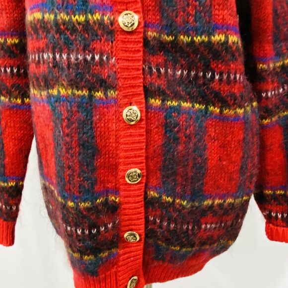 Vintage Susan Bristol Sz M Red Plaid Mohair Wool Blend Cardigan Sweater Classic - Picture 2 of 12